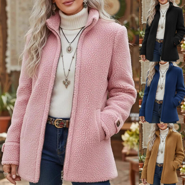 Fleece Zip-Up Jacket Women's Stand Collar Solid Color Loose Fit Casual Long Sleeve Outerwear Clothing